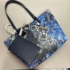 Ralph Lauren Floral Reversible Tote Purse Summer Navy Blue Floral + Wristlet NWT